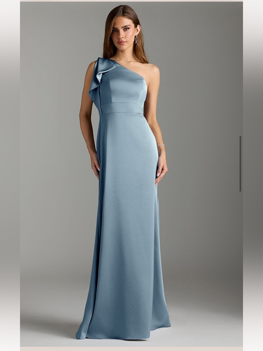 Azazie Rinna One-Shoulder Dusty Blue Satin Gown